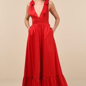 Lulus Rare Charm Red Taffeta Tie-strap Maxi Dress With Pockets - Size XXS